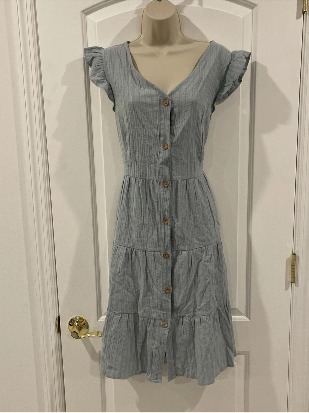 PatPat Light Blue Button-Front Tiered Midi Dress